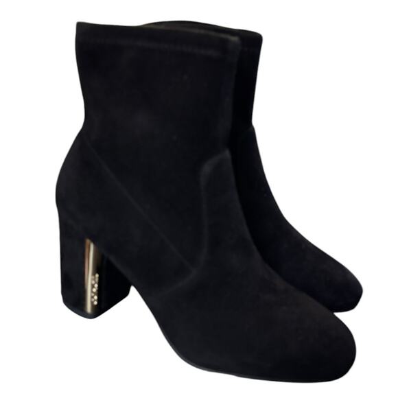 NIB Coach Margot Black Suede Bootie Women's Size 5 M Goldtone Logo 3" Block Heel - Picture 1 of 13